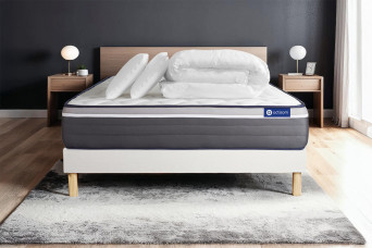 Pack lit complet 160x200 cm - Matelas + Sommier Blanc (en kit) + 2 oreillers + Couette - Actiflex Plus