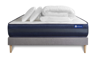 Pack lit complet 160x200 cm - Matelas + Sommier Gris (en kit) + 2 oreillers + Couette - Actiflex Tech