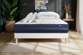 Pack lit complet 140x200 cm - Matelas + Sommier Blanc (en kit) + 2 oreillers + Couette - Actilatex Tech