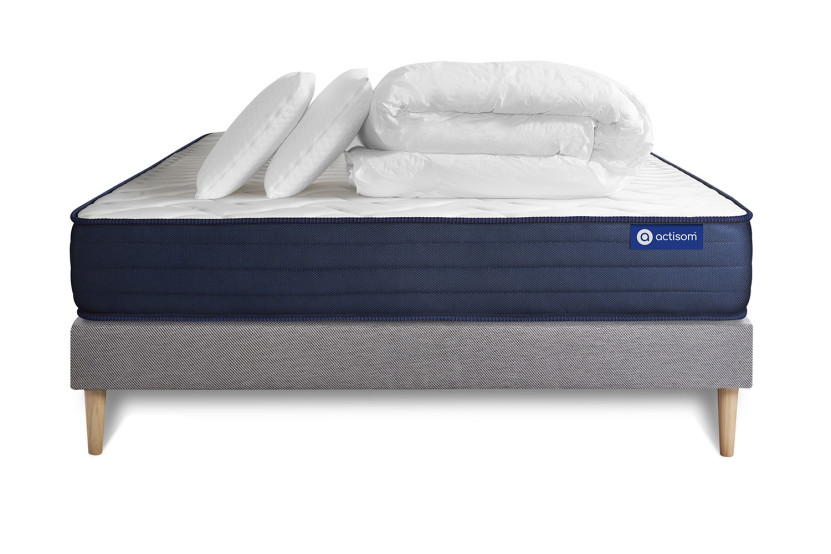 Pack lit complet 160x200 cm - Matelas + Sommier Gris (en kit) + 2 oreillers + Couette - Actiflex Life