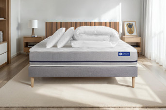 Pack lit complet 180x200 cm - Matelas + Sommier Gris (en kit) + 2 oreillers + Couette - Actilatex Soft