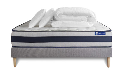 Pack lit complet 140x190 cm - Matelas + Sommier Gris (en kit) + 2 oreillers + Couette - Actiflex Ergo