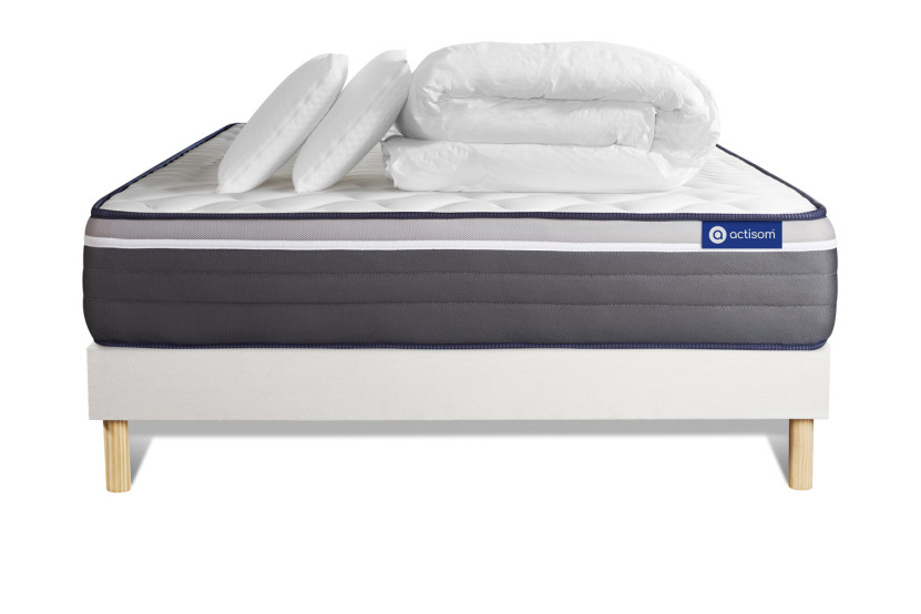 Pack lit complet 160x200 cm - Matelas + Sommier Blanc (en kit) + 2 oreillers + Couette - ActiMemo Plus