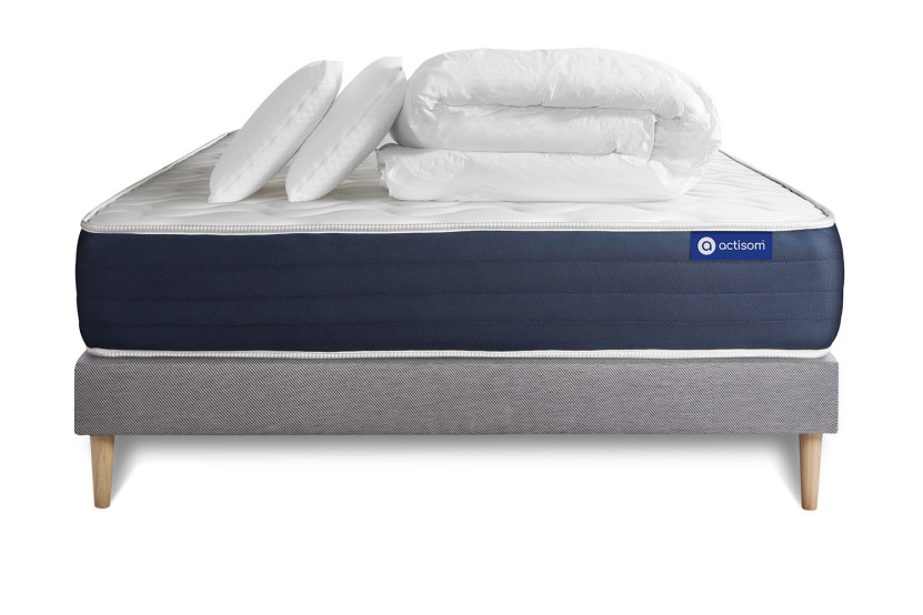 Pack lit complet 140x190 cm - Matelas + Sommier Gris (en kit) + 2 oreillers + Couette - Actiflex Sleep