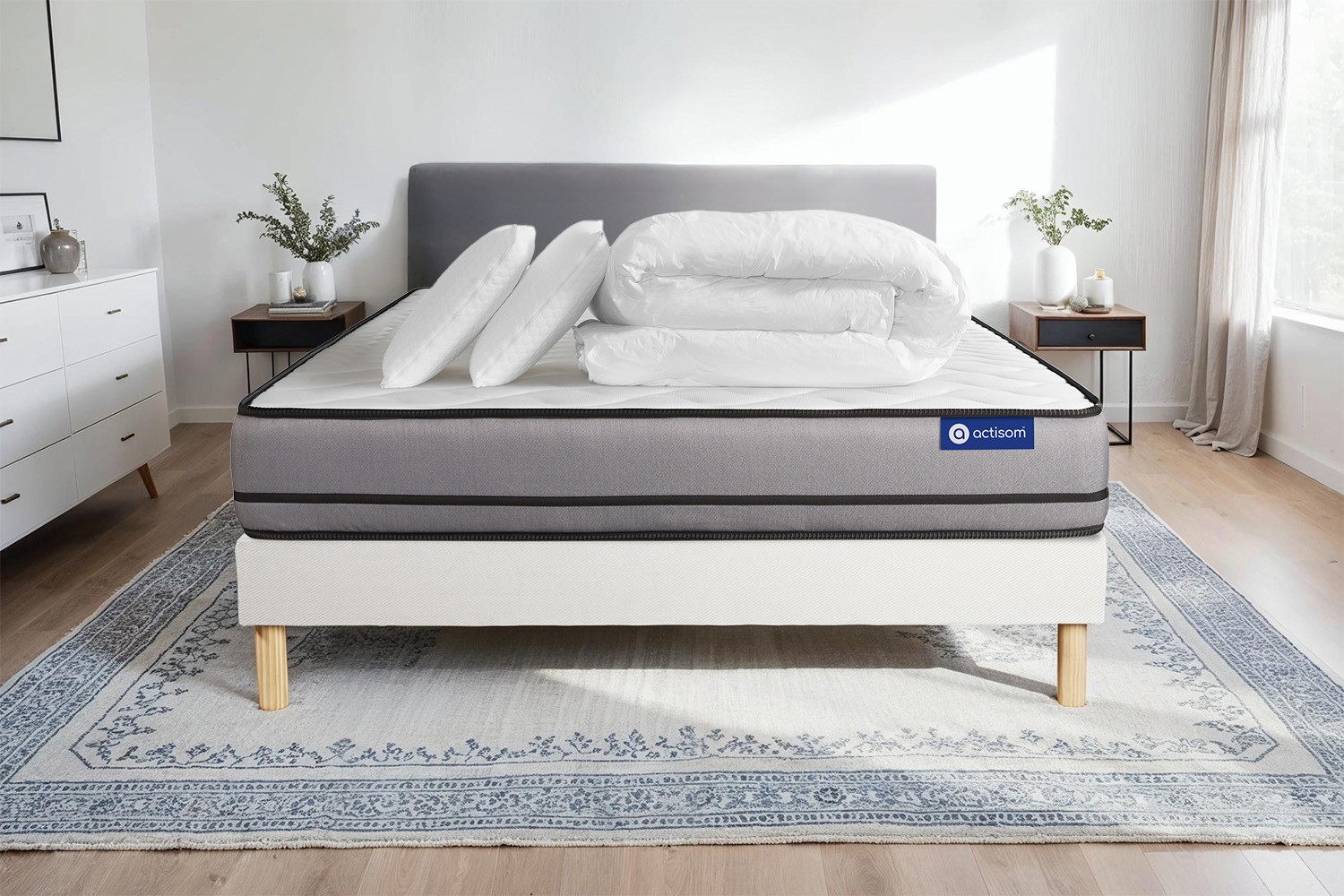 Pack lit complet 180x200 cm - Matelas + Sommier Blanc (en kit) + 2 ...