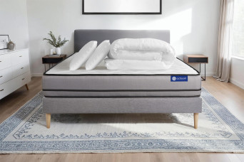 Pack lit complet 140x200 cm - Matelas + Sommier Gris (en kit) + 2 oreillers + Couette - Actiflex Night
