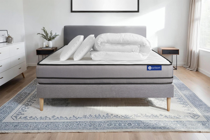 Pack lit complet 140x200 cm - Matelas + Sommier Gris (en kit) + 2 oreillers + Couette - Actiflex Night