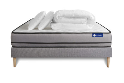 Pack lit complet 200x200 cm - Matelas + Sommier Gris (en kit) + 2 oreillers + Couette - Actimemo Night