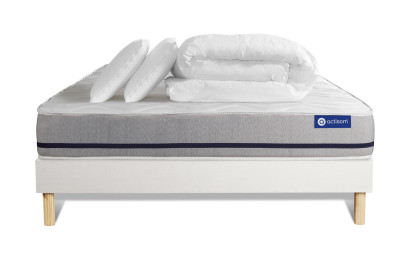 Pack lit complet 160x200 cm - Matelas + Sommier Blanc (en kit) + 2 oreillers + Couette - Actilatex Soft