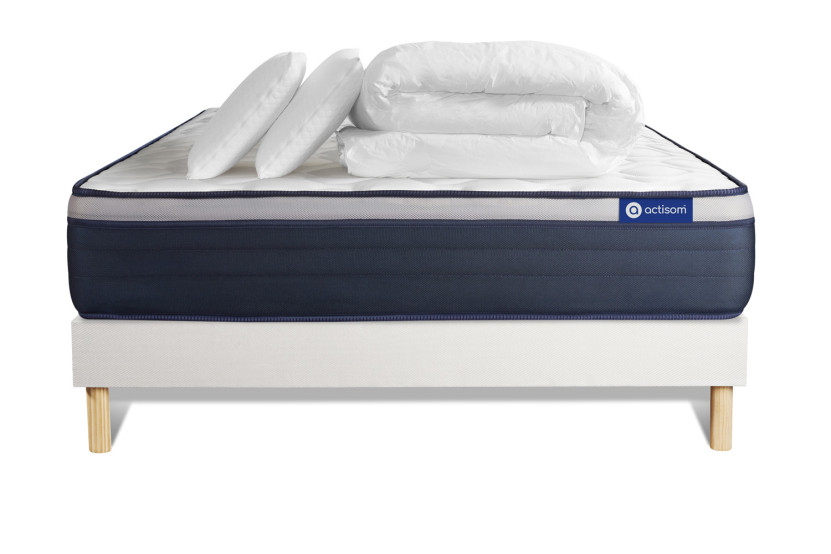 Pack lit complet 140x200 cm - Matelas + Sommier Blanc (en kit) + 2 oreillers + Couette - Actiflex Max