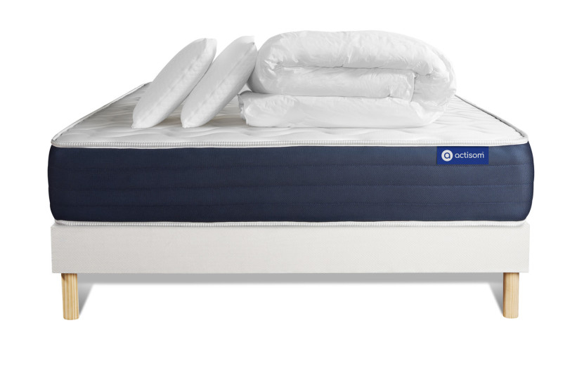 Pack lit complet 180x200 cm - Matelas + Sommier Blanc (en kit) + 2 oreillers + Couette - Actimemo Sleep
