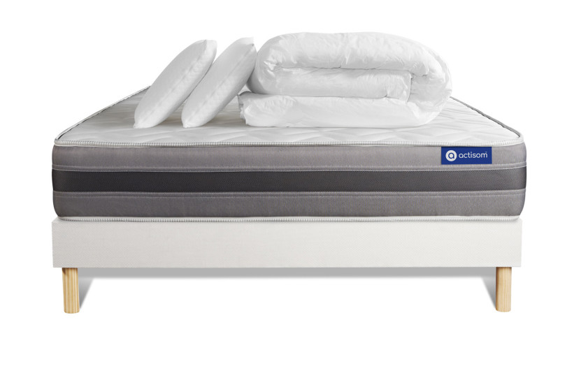 Pack lit complet 140x190 cm - Matelas + Sommier Blanc (en kit) + 2 oreillers + Couette - Actiflex Relax