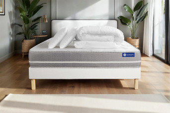 Pack lit complet 140x190 cm - Matelas + Sommier Blanc (en kit) + 2 oreillers + Couette - Actiflex Touch