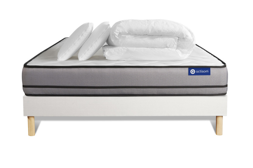 Pack lit complet 180x200 cm - Matelas + Sommier Blanc (en kit) + 2 oreillers + Couette - Actimemo Night