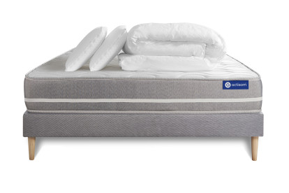 Pack lit complet 140x190 cm - Matelas + Sommier Gris (en kit) + 2 oreillers + Couette - Actilatex Touch