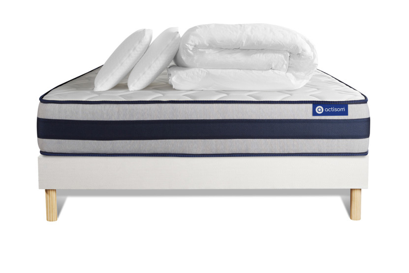 Pack lit complet 200x200 cm - Matelas + Sommier Blanc (en kit) + 2 oreillers + Couette - Actilatex Ergo