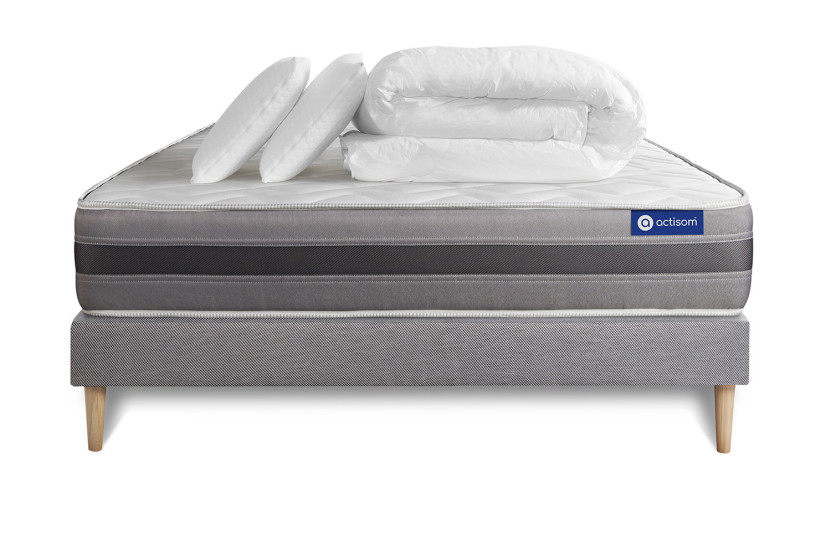Pack lit complet 200x200 cm - Matelas + Sommier Gris (en kit) + 2 oreillers + Couette - Actiflex Relax