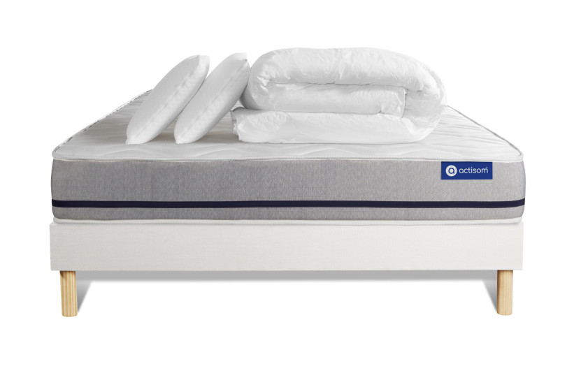 Pack lit complet 200x200 cm - Matelas + Sommier Blanc (en kit) + 2 oreillers + Couette - Actiflex Soft