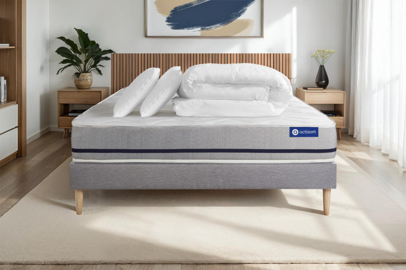 Pack lit complet 160x200 cm - Matelas + Sommier Gris (en kit) + 2 oreillers + Couette - Actiflex Soft