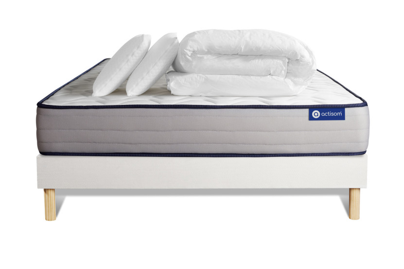 Pack lit complet 160x200 cm - Matelas + Sommier Blanc (en kit) + 2 oreillers + Couette - Actimemo Form
