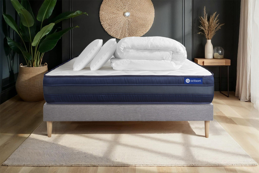 Pack lit complet 140x190 cm - Matelas + Sommier Gris (en kit) + 2 oreillers + Couette - Actiflex Tech