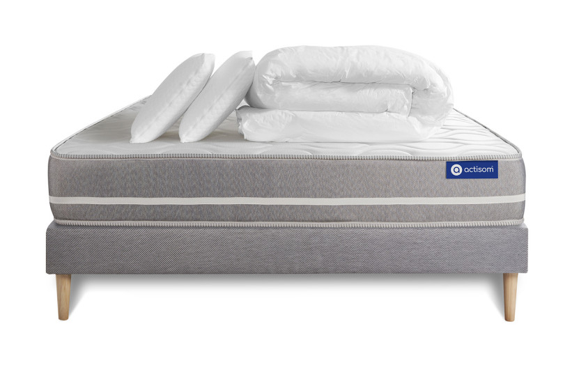 Pack lit complet 140x200 cm - Matelas + Sommier Gris (en kit) + 2 oreillers + Couette - Actiflex Touch