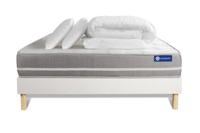 Pack lit complet 200x200 cm - Matelas + Sommier Blanc (en kit) + 2 oreillers + Couette - Actimemo Touch