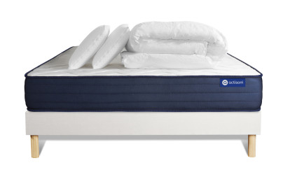 Pack lit complet 140x200 cm - Matelas + Sommier Blanc (en kit) + 2 oreillers + Couette - Actimemo Life