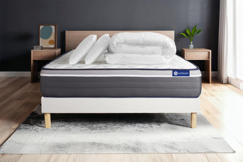 Pack lit complet 160x200 cm - Matelas + Sommier Blanc (en kit) + 2 oreillers + Couette - ActiMemo Plus