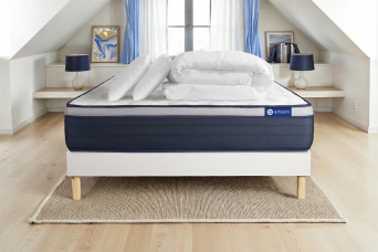 Pack lit complet 140x190 cm - Matelas + Sommier Blanc (en kit) + 2 oreillers + Couette - Actilatex Max