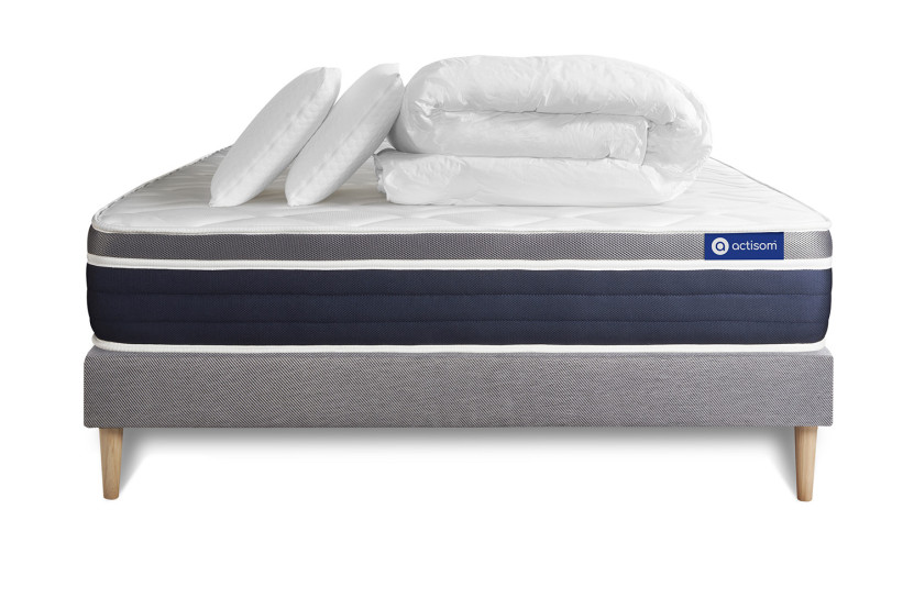 Pack lit complet 180x200 cm - Matelas + Sommier Gris (en kit) + 2 oreillers + Couette - Actilatex Confort