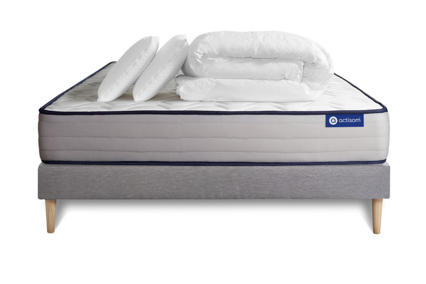 Pack lit complet 180x200 cm - Matelas + Sommier Gris (en kit) + 2 oreillers + Couette - Actiflex Form