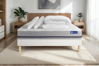 Pack lit complet 140x200 cm - Matelas + Sommier Blanc (en kit) + 2 oreillers + Couette - Actimemo Soft