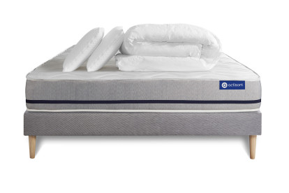 Pack lit complet 140x190 cm - Matelas + Sommier Gris (en kit) + 2 oreillers + Couette - Actimemo Soft