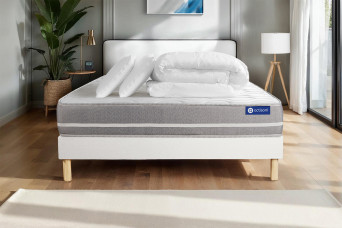 Pack lit complet 160x200 cm - Matelas + Sommier Blanc (en kit) + 2 oreillers + Couette - Actilatex Touch