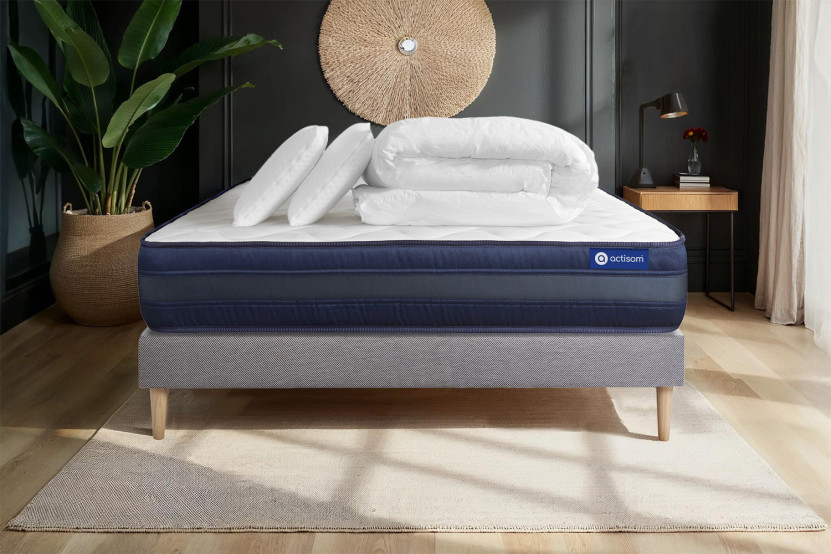 Pack lit complet 160x200 cm - Matelas + Sommier Gris (en kit) + 2 oreillers + Couette - Actimemo Tech
