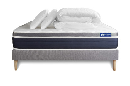 Pack lit complet 140x200 cm - Matelas + Sommier Gris (en kit) + 2 oreillers + Couette - Actiflex Confort