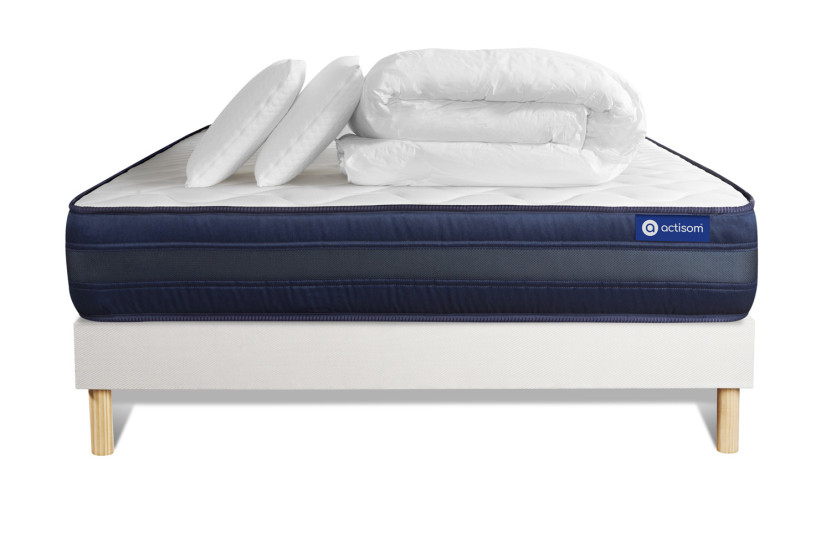 Pack lit complet 180x200 cm - Matelas + Sommier Blanc (en kit) + 2 oreillers + Couette - Actimemo Tech