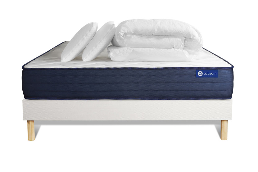 Pack lit complet 200x200 cm - Matelas + Sommier Blanc (en kit) + 2 oreillers + Couette - Actiflex Life