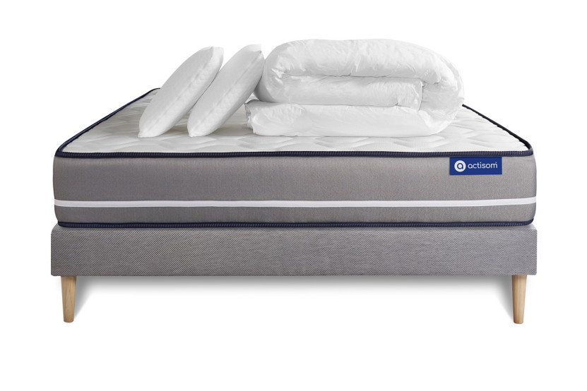 Pack lit complet 140x190 cm - Matelas + Sommier Gris (en kit) + 2 oreillers + Couette - Actiflex Pur
