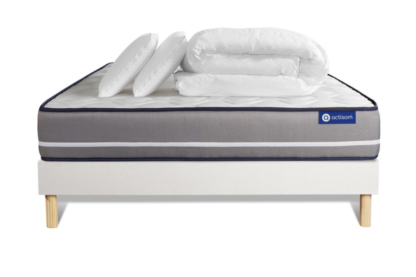 Pack lit complet 180x200 cm - Matelas + Sommier Blanc (en kit) + 2 oreillers + Couette - Actilatex Pur