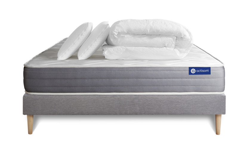 Pack lit complet 140x200 cm - Matelas + Sommier Gris (en kit) + 2 oreillers + Couette - Actilatex Dream