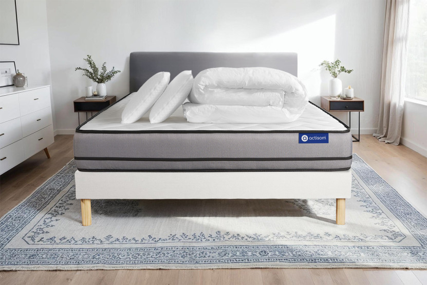 Pack lit complet 200x200 cm - Matelas + Sommier Blanc (en kit) + 2 oreillers + Couette - Actilatex Night