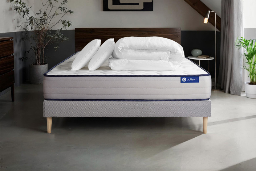 Pack lit complet 140x200 cm - Matelas + Sommier Gris (en kit) + 2 oreillers + Couette - Actilatex Form