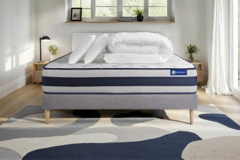 Pack lit complet 140x200 cm - Matelas + Sommier Gris (en kit) + 2 oreillers + Couette - Actimemo Ergo